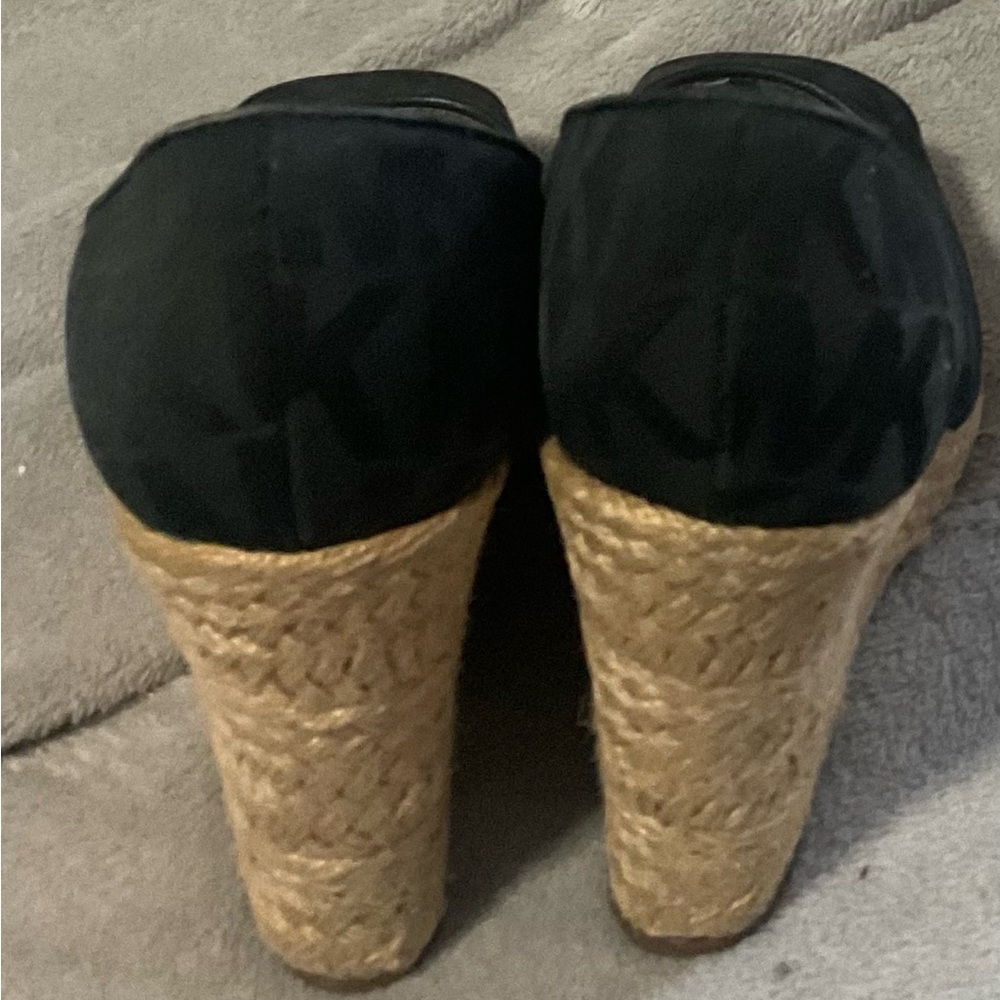 Michael Kors Black and Natural Monogram Espadrille Wedge Heels